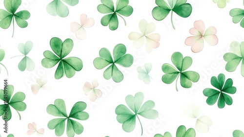 Watercolor painting of shamrocks and clovers in various shades of green and pink