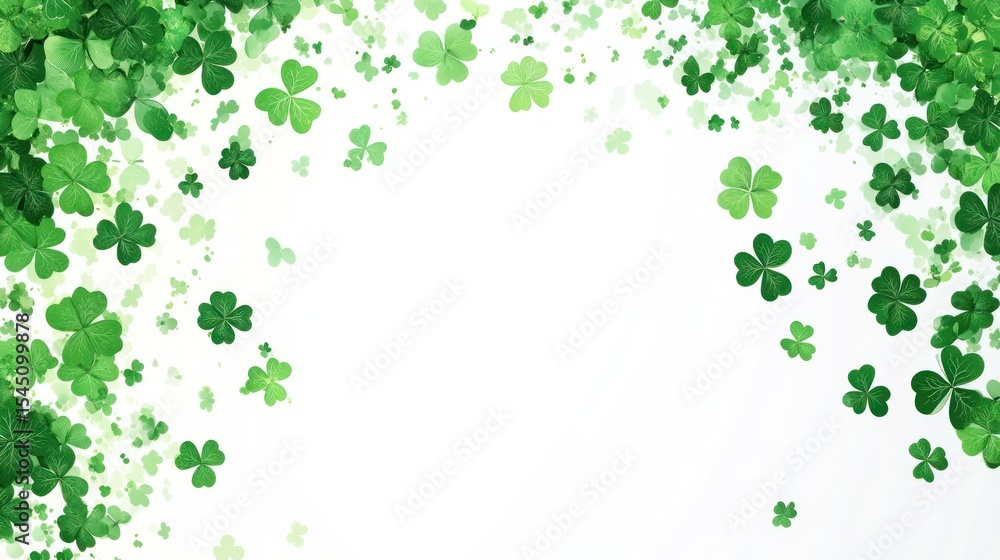 Fototapeta premium Scattered green shamrocks around an empty white space, perfect for design overlays