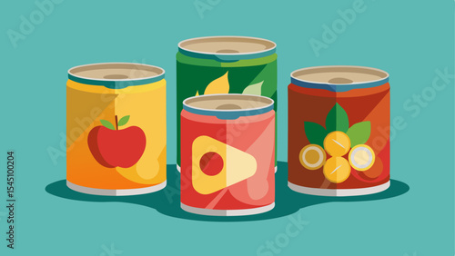 Colorful illustration of four canned food products with fruit and vegetable labels on a teal background