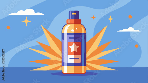 Bright and colorful illustration of an SPF hair spray bottle with a star label against a dynamic blue and orange background