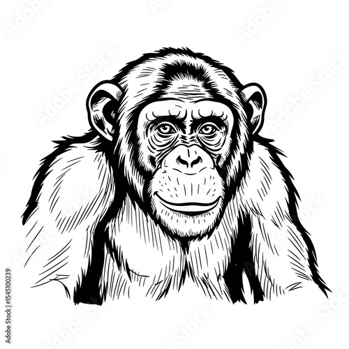 Chimpanzee illustration with detailed features in black and white on transparent background  