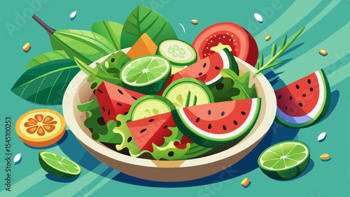 Colorful illustration of a fresh watermelon cucumber salad with greens, lime, tomato, and herbs in a bowl on a green background