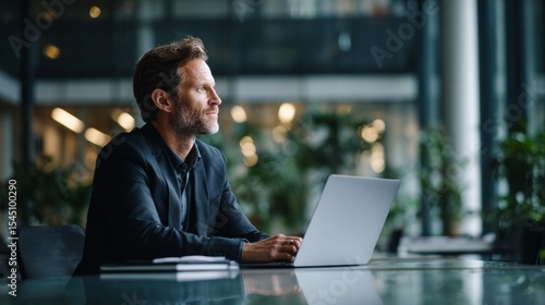 Wallpaper Mural a european businessman, side profile, sitting at a modern glass conference table, engaged in a video call, open laptop in front of him Torontodigital.ca