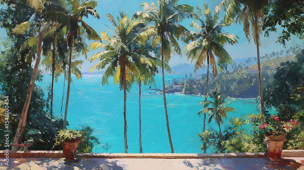 Fototapeta premium Tropical seascape with palm trees and vibrant colors.