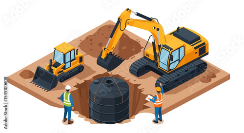 Excavating and Installing Underground Water Tank Construction Site Illustration