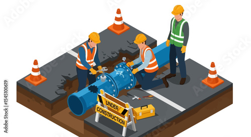 Industrial Pipeline Repair Workers Fixing Damaged Underground Pipe