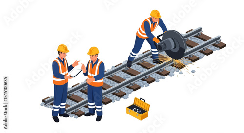 Railway Track Maintenance Workers Repairing and Inspecting Railroad