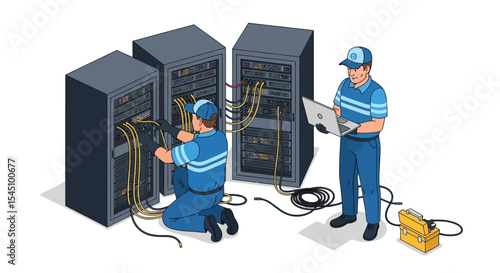 IT Technicians Working on Server Rack Maintenance and Repair