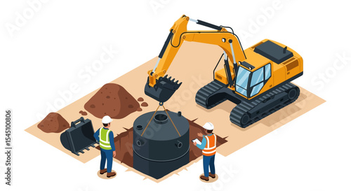 Excavating and Installing Underground Tank Construction Site Illustration