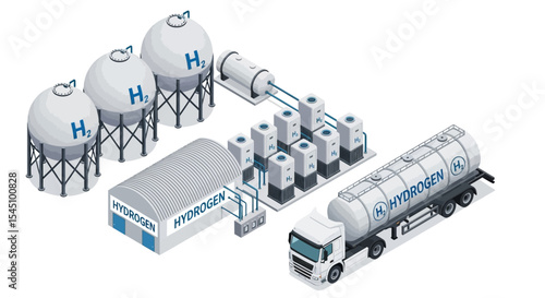 Efficient Hydrogen Production and Transportation System Isometric Illustration