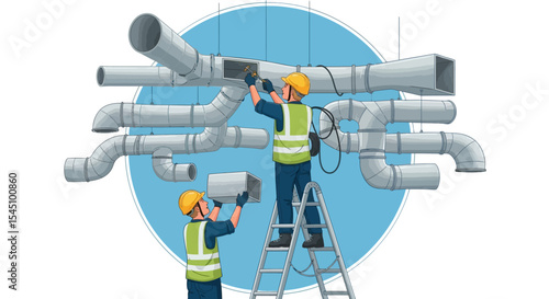 HVAC Technicians Installing and Maintaining Ventilation System Pipes