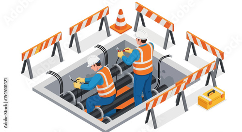 Underground Utility Workers Repairing Pipes Isometric Illustration