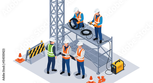 Industrial Workers on Scaffolding Teamwork and Construction Site Safety