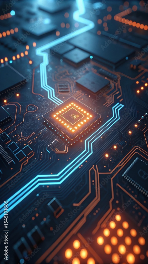 Fototapeta premium Closeup of illuminated circuit board with central processor