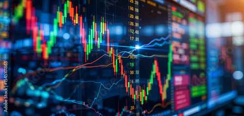 Traders analyze stock market trends using candlestick charts and indicators on digital screens in a modern trading room during daylight hours