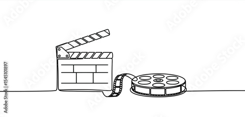 Filmmaking Clapperboard and Film Reel Continuous Line Art