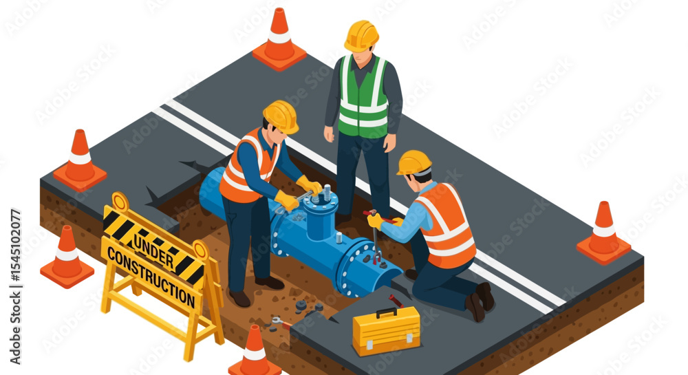 Construction Workers Repairing Underground Pipeline Construction Workers Repairing Underground Pipeline