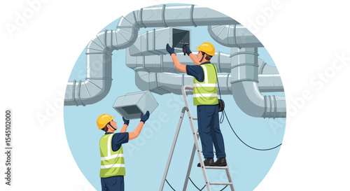 HVAC Technicians Inspecting and Maintaining Industrial Ventilation System