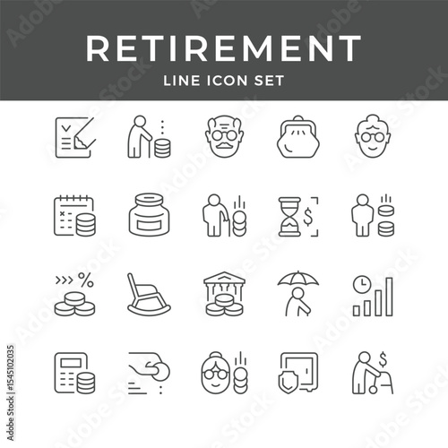 Retirement Line Icon Set – Pension, Savings, Senior, Finance, Planning, Investment, Elderly, Minimal Vector Collection