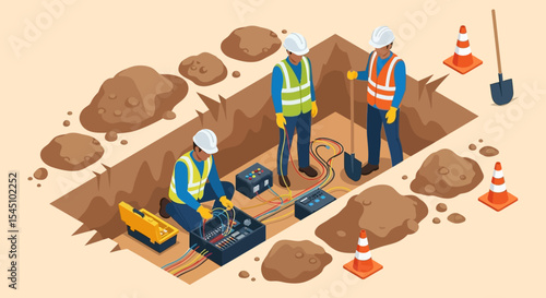 Underground Utility Workers Repairing Cables Isometric Illustration