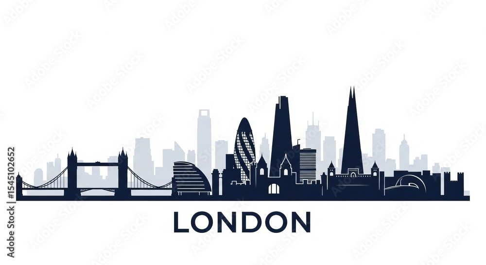 Fototapeta premium London skyline silhouette featuring famous landmarks on a white background illustration art