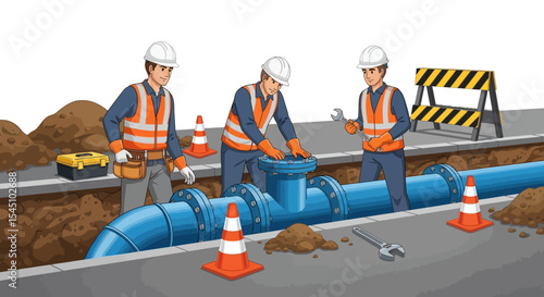 Team of Plumbers Repairing Underground Pipes Industrial Illustration