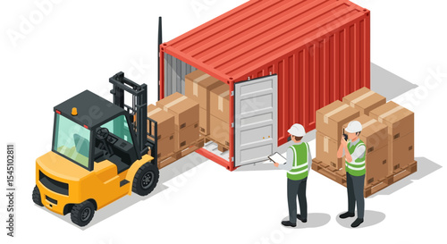 Efficient Cargo Container Loading and Unloading Forklift and Workers