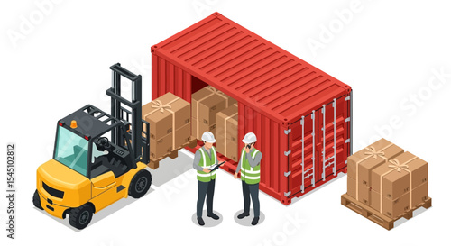 Efficient Cargo Container Loading and Unloading with Forklift and Workers