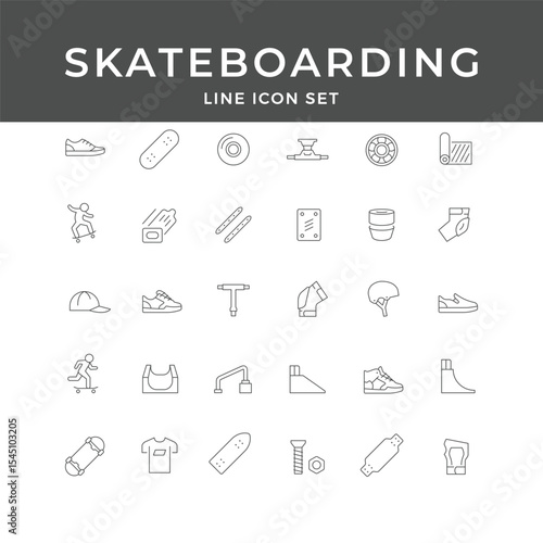 Skateboarding Line Icon Set – Skateboard, Tricks, Gear, Ramp, Helmet, Shoes, Sport, Minimal Vector Collection