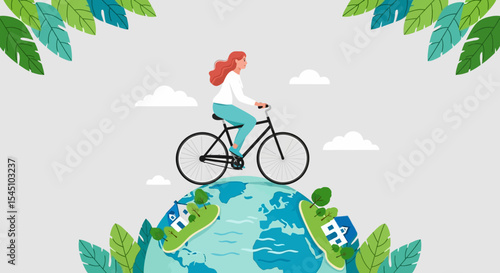 Woman Cycling Around the World Eco-Friendly Travel Illustration