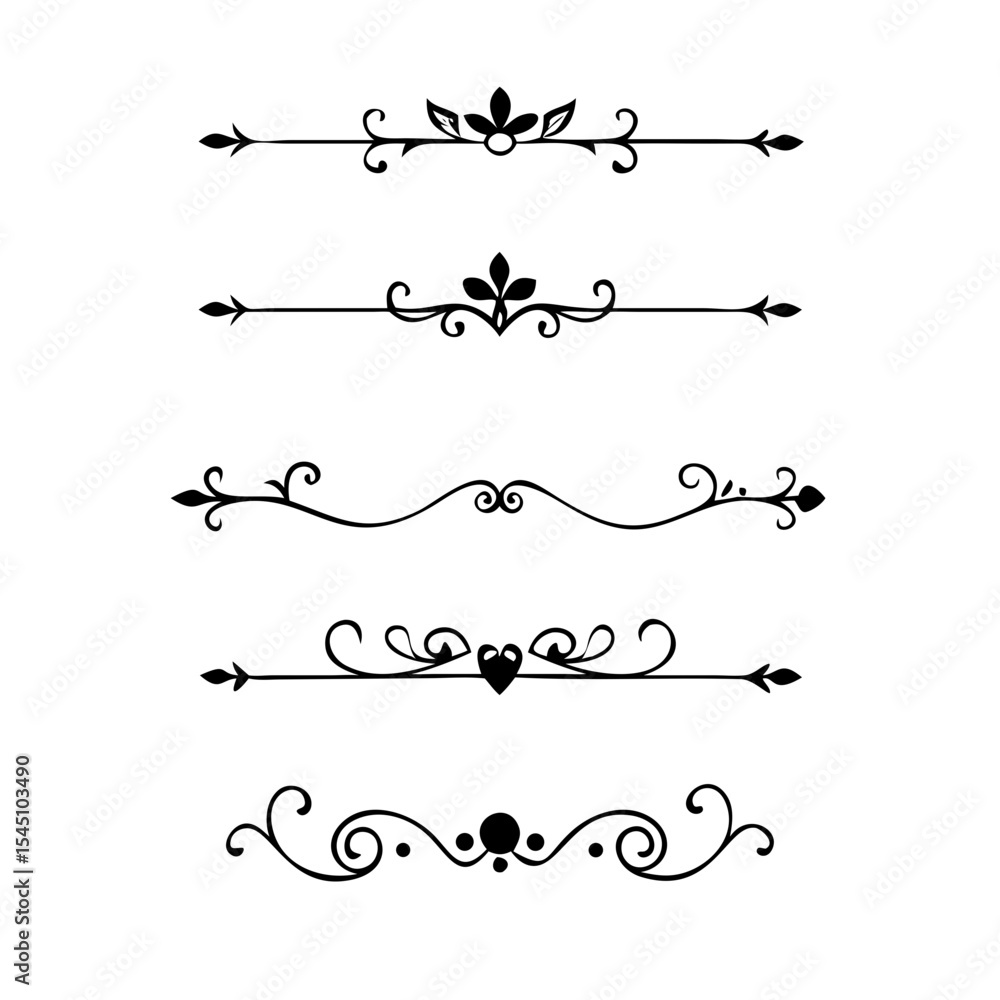 Obraz premium Text dividers with hearts doodle set. Wedding decorative elements. Divider ornament, borders, arrows. Hand drawn vector illustration isolated on white background 