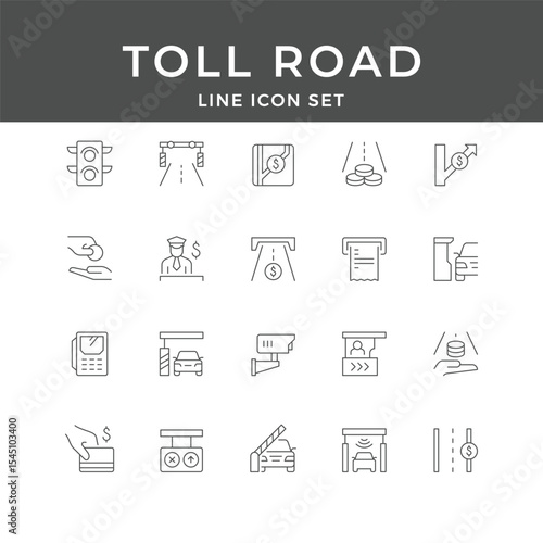 Toll Road Line Icon Set – Highway, Payment, Gate, Ticket, Barrier, Car, Transport, Minimal Vector Collection