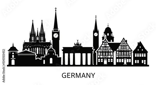 Germany skyline silhouette featuring prominent landmarks and architectural details in black and white