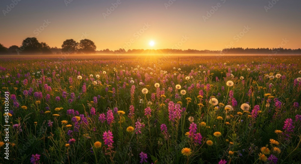 Obraz premium Sunrise over a misty field of wildflowers, bathed in warm golden light
