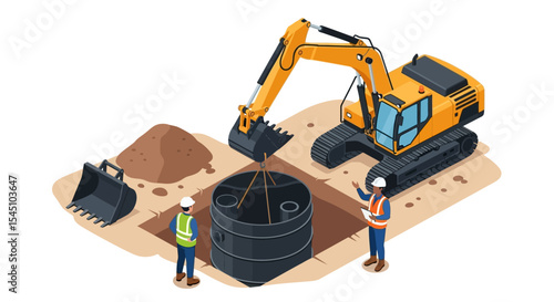 Excavator Installing Underground Tank Construction Site Illustration