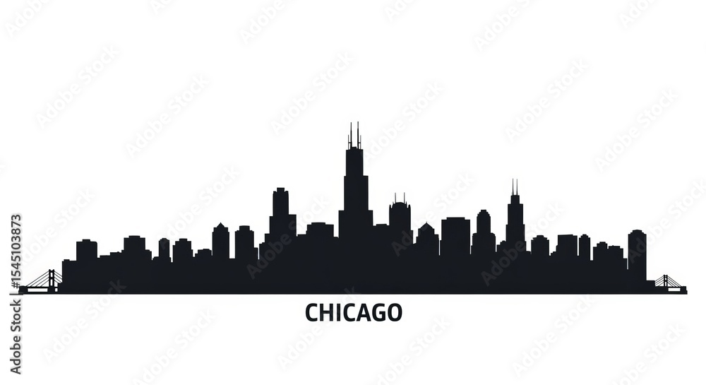 Naklejka premium Silhouette of the chicago skyline featuring bridges and skyscrapers against a white background