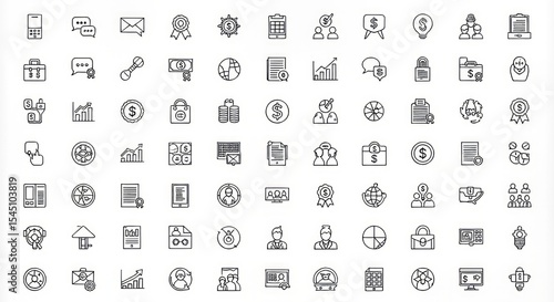 Collection of business and finance themed line art icons on a white background pattern design set