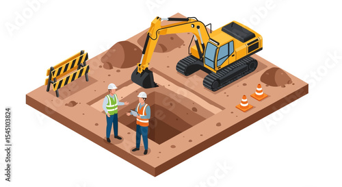 Construction Site Excavator, Engineers, and Digging Process Illustration