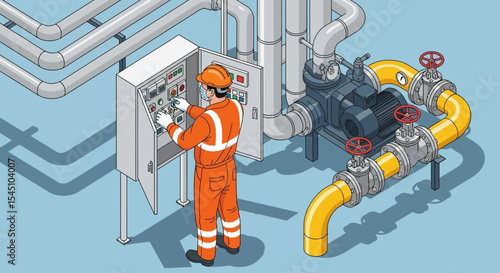Industrial Piping System Technician Isometric Illustration