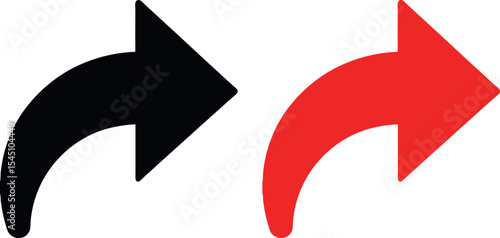 Curved arrow icon set. Black and red arrows, right pointing arrow signs vector.
