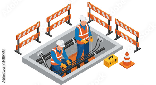 Underground Cable Installation Technicians Working on Fiber Optic Network
