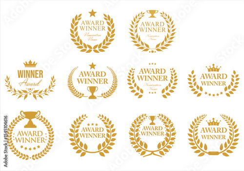 Award Winner emblem collection of gold laurel with gold text isolated on white background	
