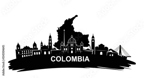 Silhouette of colombia skyline with map and buildings in black and white vector illustration