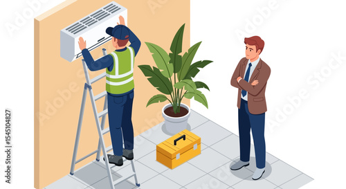 AC Repair Technician Servicing and Inspecting Air Conditioner Unit