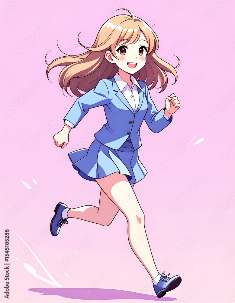 Energetic Anime Girl in Blue Running; Vibrant, Cheerful Style Energetic Anime Girl in Blue Running; Vibrant, Cheerful Style