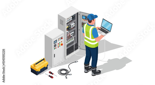 Technician Inspecting Electrical Panel with Laptop