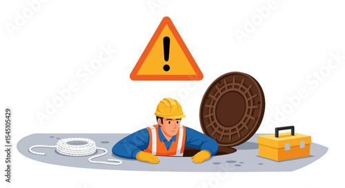 Worker in manhole, safety hazard, underground utility repair
