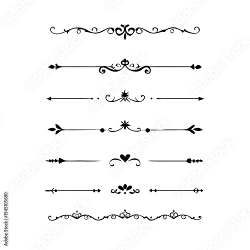 text dividers doodle set. Wedding decorative elements. Divider ornament, borders, floral, vintage line separators. Hand drawn vector illustration isolated on white background. Set page dividers.	