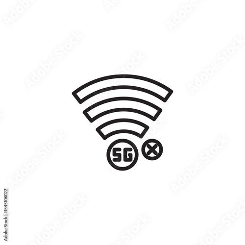 A clean line icon showing a strong Wi-Fi signal with "5G" and an "X" mark, symbolizing a disconnected or unavailable 5G network.
