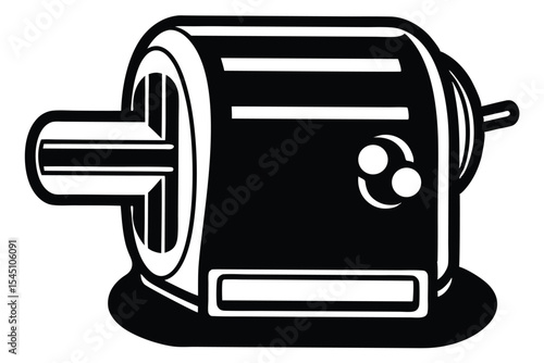 Black and white outline illustration of a vintage electric pencil sharpener with crank